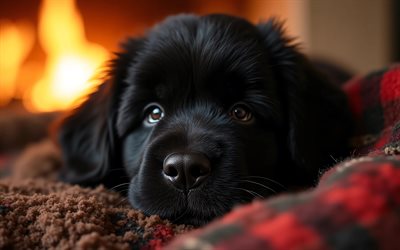 جرو نيوفاوندلاند, 4k, خوخه, مدفأة, حيوانات لطيفة, بطانية متقلب, عن قرب, الجراء, كلاب, كمامة, نيوفاوندلاند, حيوانات أليفة, كلب في بطانية, كلب نيوفاوندلاند