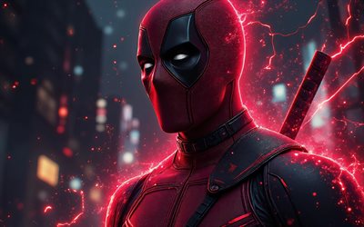 totes schwimmbad, 4k, rotes leuchten, superhelden, marvel comics, dunkelheit, abstrakte kunst, deadpool kunst, fan kunst, deadpool 4k