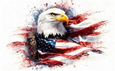 águila calva pintada, 4k, pintura de arte grunge, bandera de estados unidos, bandera americana, águila calva con la bandera estadounidense, cuatro de julio, 4 de julio, fondo blanco, águila calva