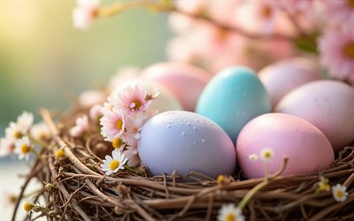 Easter eggs in a nest, 4k, Happy Easter, painted eggs, Easter eggs, Easter decorations, Easter concepts, Easter, spring