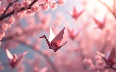 pájaro de origami rosa, paisaje de primavera, flor de cerezo, origami, pájaro de papel, conceptos de primavera