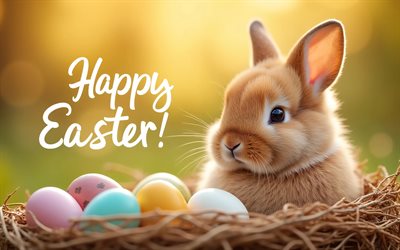 4k, lapin de pâques, créatif, tulipes colorées, joyeuses pâques, bokeh, oeufs de pâques, décorations de pâques, lapin, milieux de pâques, lapins, lapins de pâques, inscription joyeuses pâques, pâques