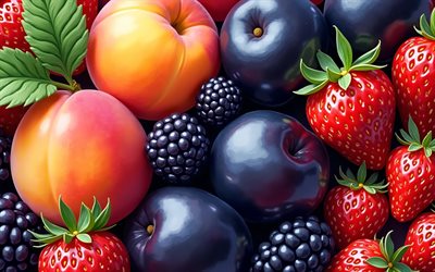 4k, moras, fresas, ciruelas, duraznos, macro, frutas frescas, frutas maduras, de cerca, fondo con frutas, obra de arte, frutas