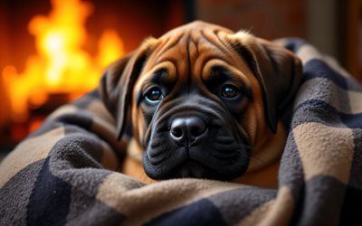 جرو بولماستيف, 4k, خوخه, مدفأة, حيوانات لطيفة, بطانية متقلب, عن قرب, الجراء, كلاب, كمامة, بولماستيف, حيوانات أليفة, كلب في بطانية, كلب بولماستيف