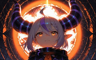 4k, Laplus, orange glare, 3D art, Virtual YouTuber, fire flames, orange abstract background, Hololive, VTuber, green eyes, La Darknesss, manga, Laplus channel, Laplus Virtual YouTuber