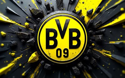 logo borussia dortmund in metallo, 4k, sfondo 3d giallo nero, bundesliga, calcio, arte geometrica, lo stemma del borussia dortmund, bvb, logo 3d del borussia dortmund, squadra di calcio tedesca, borussia dortmund fc