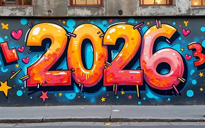 4k, 2026 graffiti digits, creative, street art, wall, 2026 concepts, artwork, 2026 colorful digits, 2026 inscription, graffiti with 2026, colorful digits, 2026 art, 2026 digits