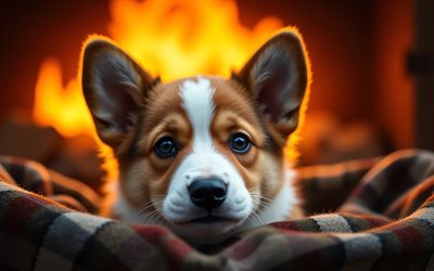 4k, جرو الويلزية فصيل كورجي بيمبروك, آذان كبيرة, خوخه, مدفأة, حيوانات لطيفة, بطانية متقلب, عن قرب, الجراء, كلاب, كمامة, الويلزية فصيل كورجي بيمبروك, حيوانات أليفة, فصيل كورجي, كلب في بطانية, كلب الويلزية كورجي بيمبروك