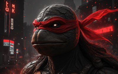 4k, Raphael, red glare, darkness, Teenage Mutant Ninja Turtles, street, creative, TMNT characters, 3D art, Mutated Turtles, Raphael 3D, TMNT, ninja turtles, Raphael 4K