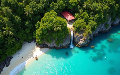 House by the Sea, tropical island, aerial view, beach, paradise, palm trees, summer travel, beach aerial view, bay, sea