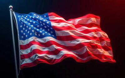 4k, USA flag on flagpole, minimalism, flag of USA, US flag, USA flag, American flag, USA, fabric waves USA flag, United States of America, USA 3D flag