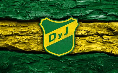 logo en bois defensa y justicia, 4k, fond en bois jaune vert, première division argentine, football, logo defensa et justicia, emblème defensa y justicia, defensa y justicia fc, club de football argentin, défense et justice