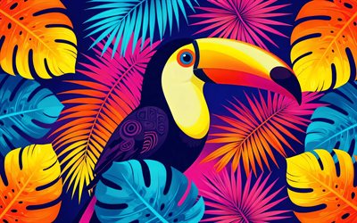 4k, tucano abstrato, criativo, fundos abstratos, folhas de palmeira, pássaro colorido, pássaros abstratos, arte dos tucanos, fundo de folhas de palmeira, tucano, tucanos