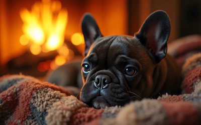 جرو البلدغ الفرنسي, 4k, خوخه, مدفأة, حيوانات لطيفة, بطانية متقلب, عن قرب, الجراء, كلاب, كمامة, البلدغ الفرنسي, حيوانات أليفة, كلب في بطانية, كلب البلدغ الفرنسي