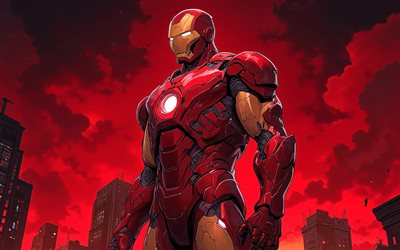 hombre de hierro, 4k, cielo rojo, edificios, cómics marvel, noche, superhéroes, arte del hombre de hierro, creativo, hombre de hierro 4k