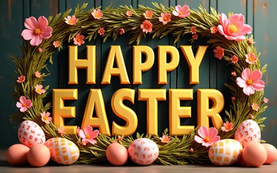 felices pascuas, 4k, fondo de madera, marco floral, huevos de pascua, flores, marcos de pascua, decoraciones de pascua, fondos de pascua, inscripción feliz pascua, pascua de resurrección