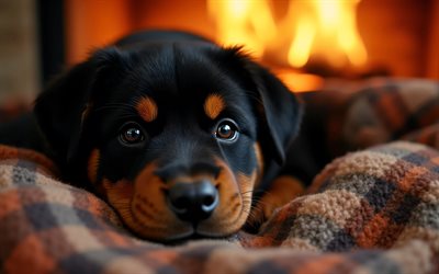 4k, جرو روت وايلر, كلب لطيف, خوخه, مدفأة, حيوانات لطيفة, بطانية متقلب, عن قرب, الجراء, كلاب, كمامة, روتويللر, حيوانات أليفة, كلب في بطانية, كلب روت وايلر