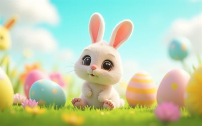 Easter Bunny, 4K, 3D spring landscape, Happy Easter, 3D rabbit, Easter eggs, Easter decorations, Easter, spring