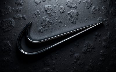 logotipo metálico 3d de nike, fondo de piedra oscura, 4k, logotipo de acero de nike, emblema de nike, logotipo de nike, signo de nike, nike