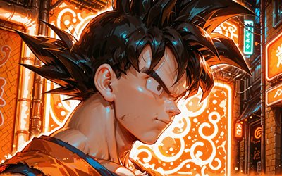 4k, son gokú, luces de neón naranjas, bola de dragón, noche, personajes de dragon ball de son goku, manga, dragon ball súper, creativo, personajes de dbs, son goku dbs