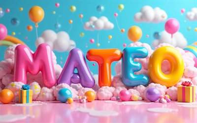 4k, mateo, bunte 3d buchstaben, mateo name, kreativ, mateo geburtstag, beliebte amerikanische männliche namen, bunter hintergrund, alles gute zum geburtstag, bild mit mateo namen