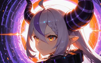 4k, Laplus, orange glare, 3D art, Virtual YouTuber, purple abstract background, Hololive, VTuber, green eyes, La Darknesss, manga, Laplus channel, Laplus Virtual YouTuber