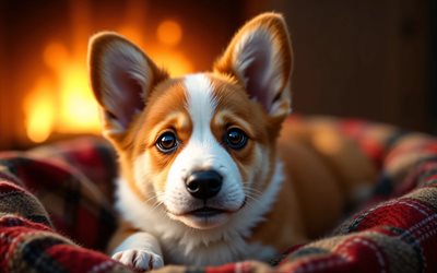 4k, جرو الويلزية فصيل كورجي بيمبروك, آذان كبيرة, مدفأة, حيوانات لطيفة, بطانية متقلب, عن قرب, الجراء, كلاب, كمامة, الويلزية فصيل كورجي بيمبروك, حيوانات أليفة, فصيل كورجي, خوخه, كلب في بطانية, كلب الويلزية كورجي بيمبروك