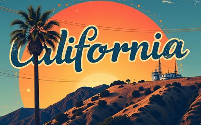 california vector, 4k, arte de la camiseta, signo de california, palmeras, eeuu, arte californiano, arte grunge
