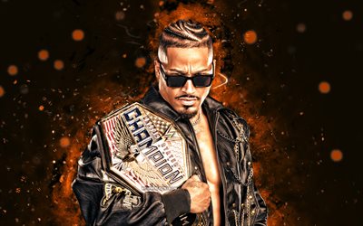 carmelo hayes, 4k, oranssit neonvalot, wwe, luova, amerikkalainen painija, christian brigham, carmelo hayes vyöllä, oranssi abstrakti tausta, world wrestling entertainment, painijat, carmelo hayes 4k