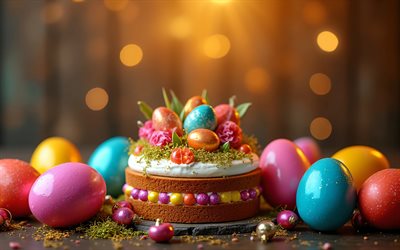 4k, بيض عيد الفصح, خوخه, كعكة عيد الفصح, عيد فصح سعيد, وهج ذهبي, زينة عيد الفصح, خلفيات عيد الفصح, عيد الفصح