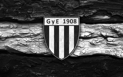 Gimnasia y Esgrima Mendoza wooden logo, 4k, black white wooden background, Argentina Primera Division, soccer, Gimnasia y Esgrima Mendoza logo, football, Gimnasia y Esgrima Mendoza FC, Argentine football club, Gimnasia y Esgrima Mendoza