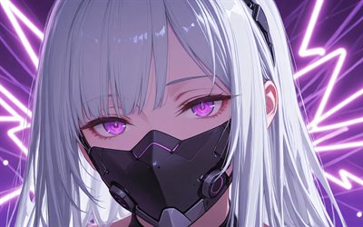 4k, AK-12, portrait, purple neon rays, Girls Frontline, darkness, purple eyes, mask, artwork, SRPG, manga, Girls Frontline characters, AK-12 Girls Frontline