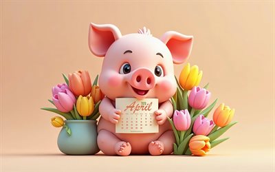 2026 April Calendar, 4k, 3d pink pig, 3d tulips, April 2026 Calendar, pig with calendar, April Calendar 2026, little 3d pink pig, April, calendars, 2026 concepts