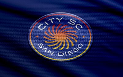 सिटी एससी फैब्रिक लोगो, 4k, नीले कपड़े की पृष्ठभूमि, यूएसएल लीग टू, bokeh, फुटबॉल, सिटी एससी लोगो, फ़ुटबॉल, सिटी एससी प्रतीक, दक्षिण पश्चिम प्रभाग, सिटी एससी, अमेरिकी फुटबॉल क्लब, सिटी एससी सैन डिएगो