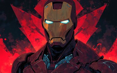 hombre de hierro, 4k, fondo rojo grunge, cómics marvel, ojos brillantes, superhéroes, arte del hombre de hierro, creativo, hombre de hierro 4k