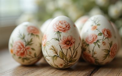 Easter eggs with floral patterns, 4k, Happy Easter, flowers on eggs, decorated eggs, Easter decorations, Easter concepts, Easter eggs, Easter