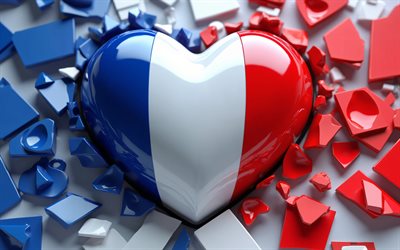 4k, amo francia, arte geométrico, fondo colorido 3d, arte 3d, dia de francia, bandera de francia, corazón con bandera francesa, corazones 3d, bandera francesa, francia, amor por francia