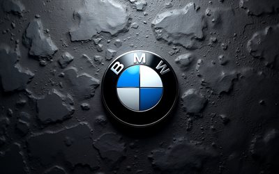 4k, logotipo metálico de bmw, fondo de pared negro, logotipo 3d de bmw, signo de bmw, símbolo de bmw, emblema de bmw, logotipo de bmw, bmw