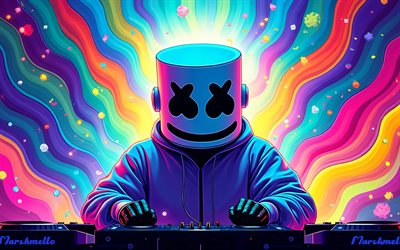 4k, dj marshmello, abstrakt konst, christopher comstock, dj konsol, marshmello mask, färgglada abstrakta vågor, musikstjärnor, populära sångare, hörlurar, amerikansk dj, superstjärnor, marshmello, djs, marshmello 4k