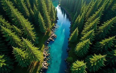 जंगल में नदी, 4k, हवाई दृश्य, पाइन के वन, ऊपर से जंगल का दृश्य, सुन्दर नदी, जंगल, वसंत