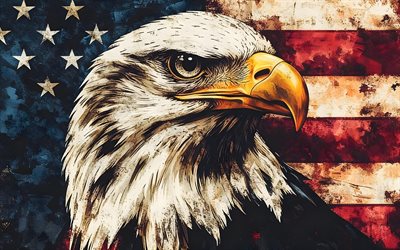 águila calva, 4k, arte retro, bandera americana, bandera de estados unidos, estados unidos, eeuu, arte creativo, aves de presa