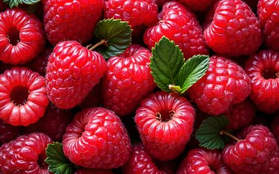 frambuesas maduras, 4k, macro, fondo con frambuesa, frambuesas, bayas frescas, bayas maduras, foto con frambuesa, frutas, frambuesa, muchas frambuesas, frutas maduras