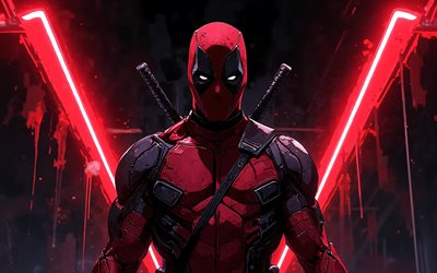 4k, dead pool, rayos de neón rojos, superhéroes, cómics marvel, oscuridad, arte grunge, arte deadpool, fan art, consorcio inactivo 4k