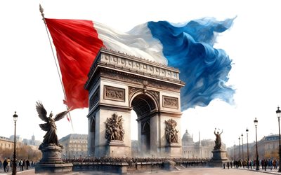 arco de triunfo, parís, 4k, arte retro, arco triunfal, arte del arco de triunfo, bandera francesa, bandera de francia, arte de pintura del arco de triunfo, francia, punto de referencia de parís, arte parisino