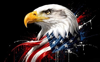 Bald eagle with American flag, 4k, predator, American national symbols, paint splashes art, Independence Day, Fourth of July, 4th of July, USA flag, Bald eagle, American flag, USA, American symbols