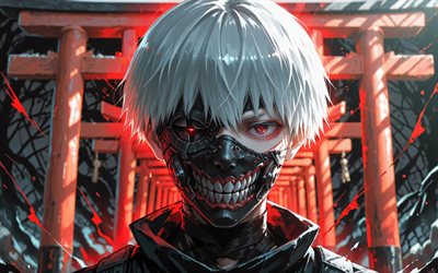 4k, Ken Kaneki, Torii gates, Tokyo Ghoul characters, mask, Kaneki Ken, close-up, protagonist, Tokyo Ghoul, artwork, Torii, Ken Kaneki art, Ken Kaneki Tokyo Ghoul