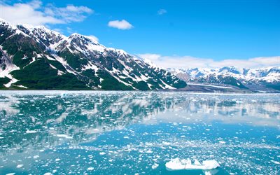 USA, glacier, lake, mountains, blue sky, Alaska, America