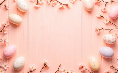 4k, frame di pasqua, sfondi rosa, uova di pasqua, fiori primaverili, buona pasqua, inquadra con uova di pasqua, modello di carta pasquale, cornici pasquali, uova di pasqua rosa, sfondo con uova di pasqua, pasqua