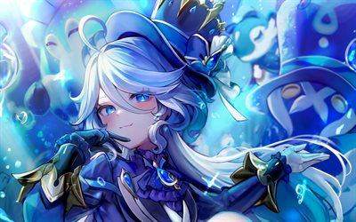 furina de fontaine, 水中, genshin impact, 青い目, アニメキャラクター, 水しぶき, アートワーク, genshinはキャラクターに影響を与えます, furina de fontaine genshin impact