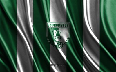 4k, logotipo bodrumspor, super lig, textura de seda branca verde, bandeira de bodrumspor, time de futebol turco, futebol, bandeira da seda, emblema do bodrumspor, peru, bodrumspor distrannte, bodrumspor